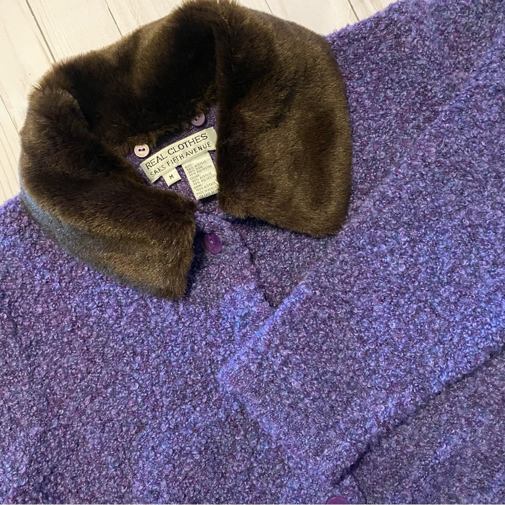 Ladies REAL CLOTHES SAKS FIFTH AVENUE Boucle Cardigan Removable Fur Collar Sz M